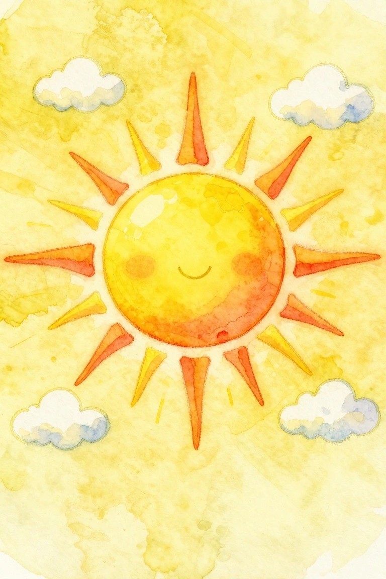 Watercolor smiling sun with orange-yellow rays and fluffy clouds on yellow background.
