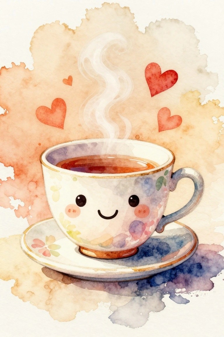 Smiling kawaii teacup with steam and red hearts on watercolor background