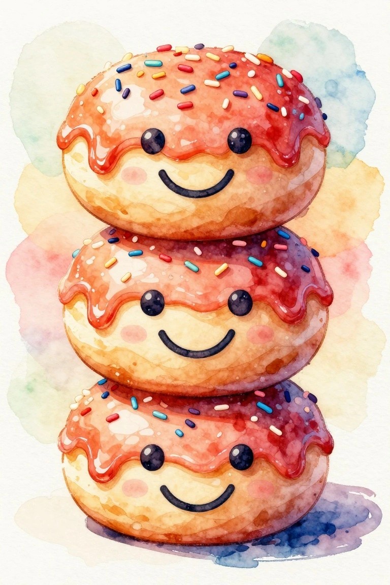 Three stacked smiling donuts with sprinkles in soft watercolor style.