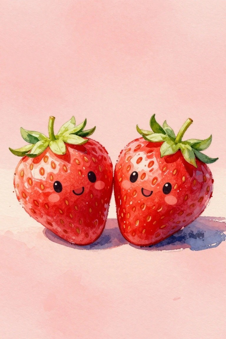 Two cute cartoon strawberries with smiling faces on a pink watercolor background.