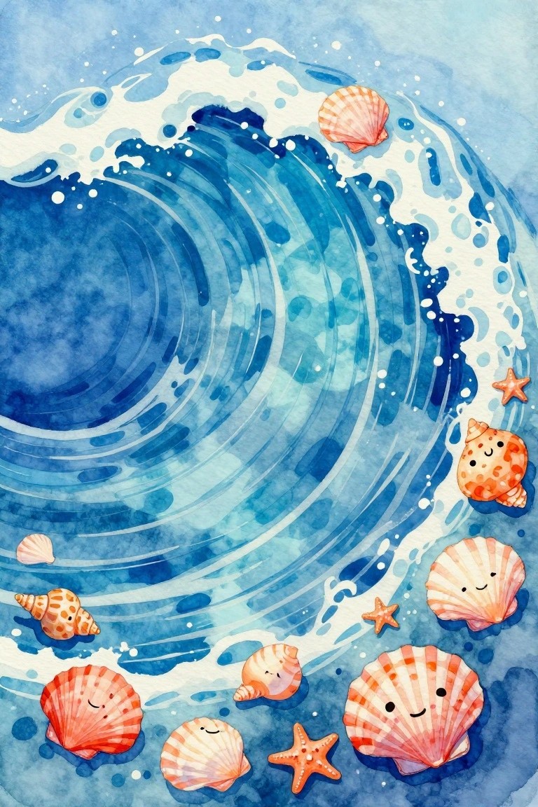 Watercolor of swirling blue wave with cute smiling seashells and starfish