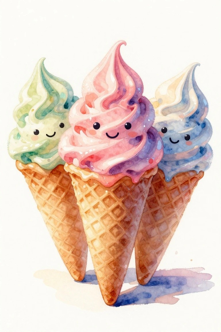 Three smiling pastel watercolor ice cream cones with faces in waffle cones.