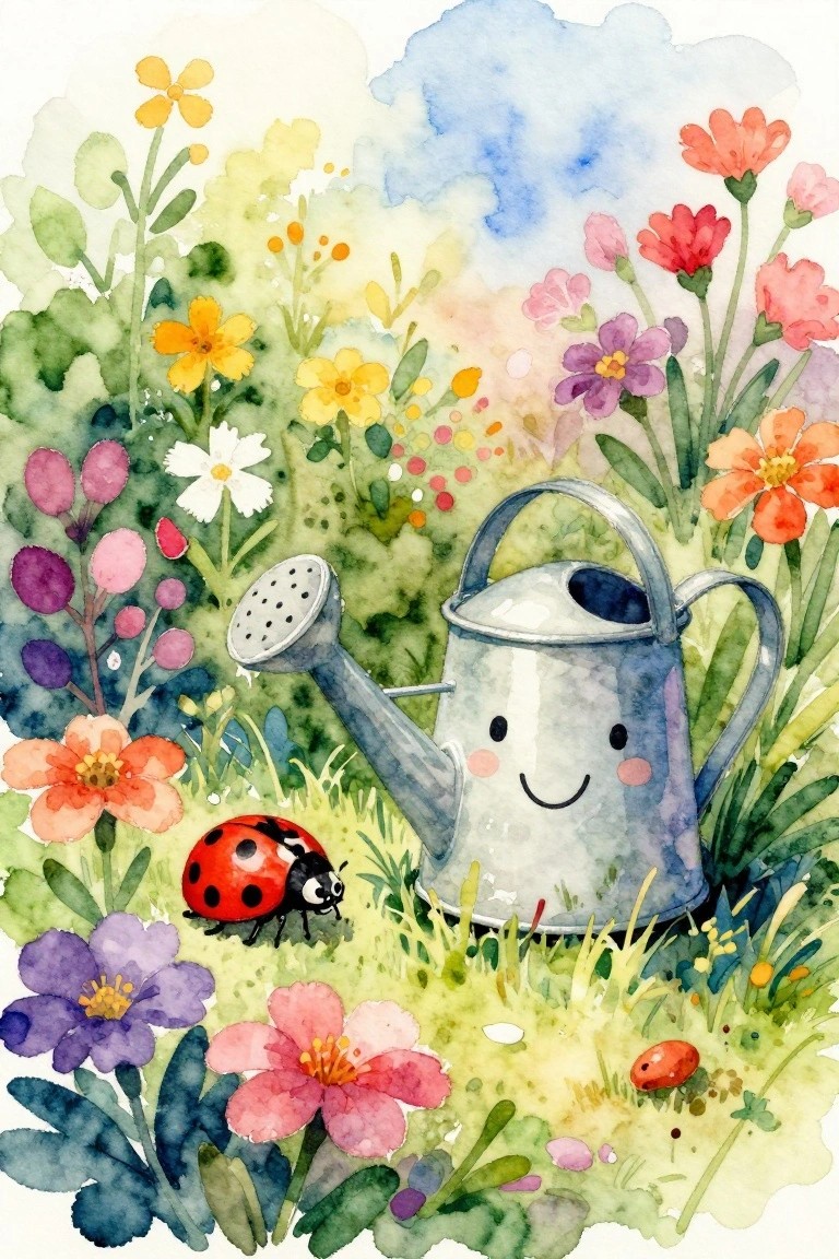 Smiling watering can and ladybug among colorful flowers in a watercolor garden