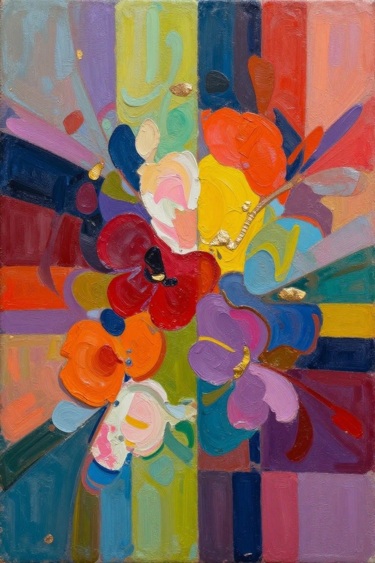 Vibrant abstract painting of flowers against colorful vertical stripes with bold brushstrokes