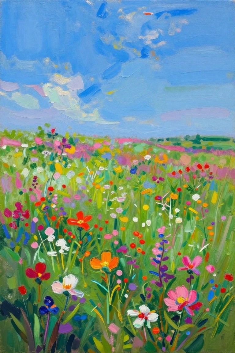 Vivid painting of colorful wildflowers blooming in a green meadow under blue sky