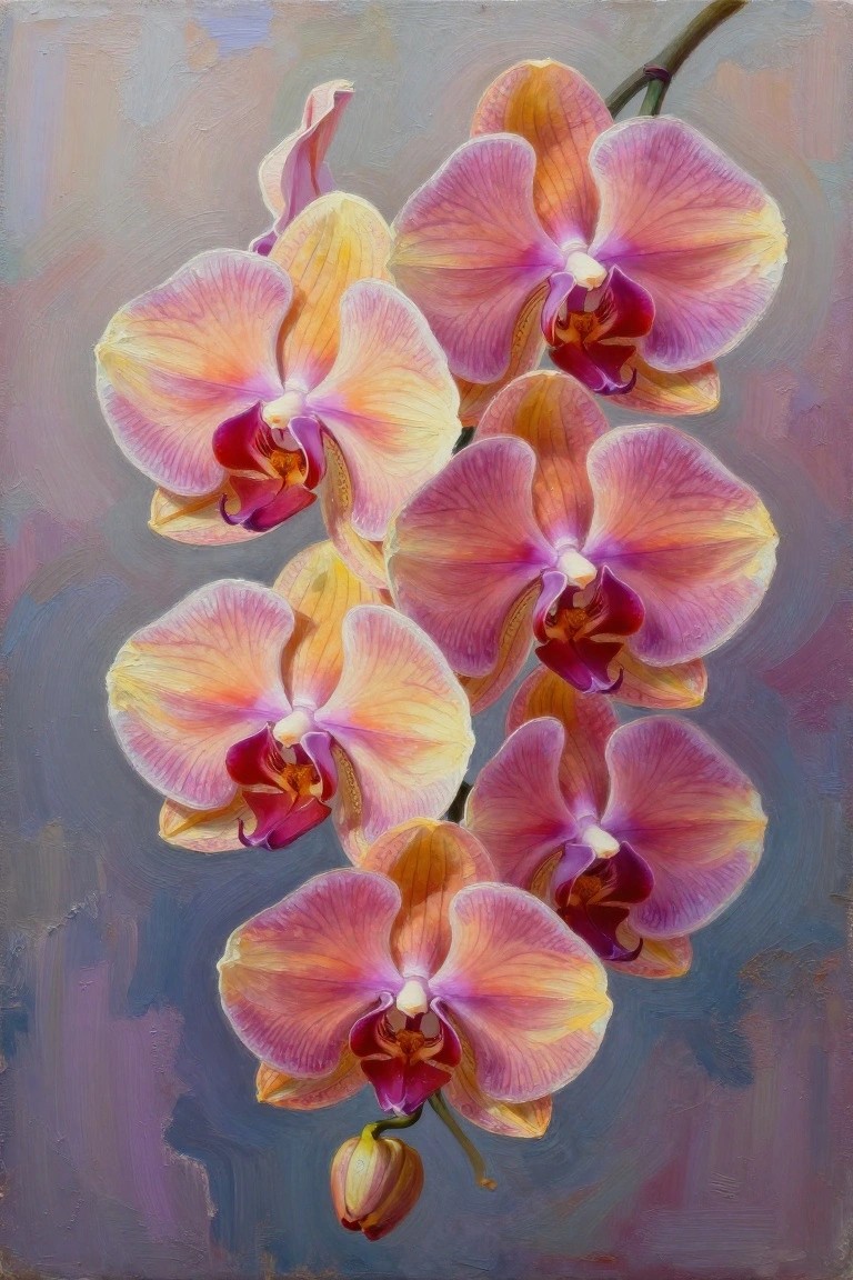 Vibrant pink, yellow and purple orchids in a soft painterly style with one bud.