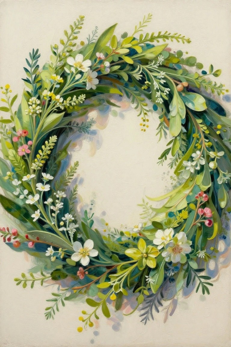Lush circular wreath of green leaves, white flowers, and pink buds in soft paint