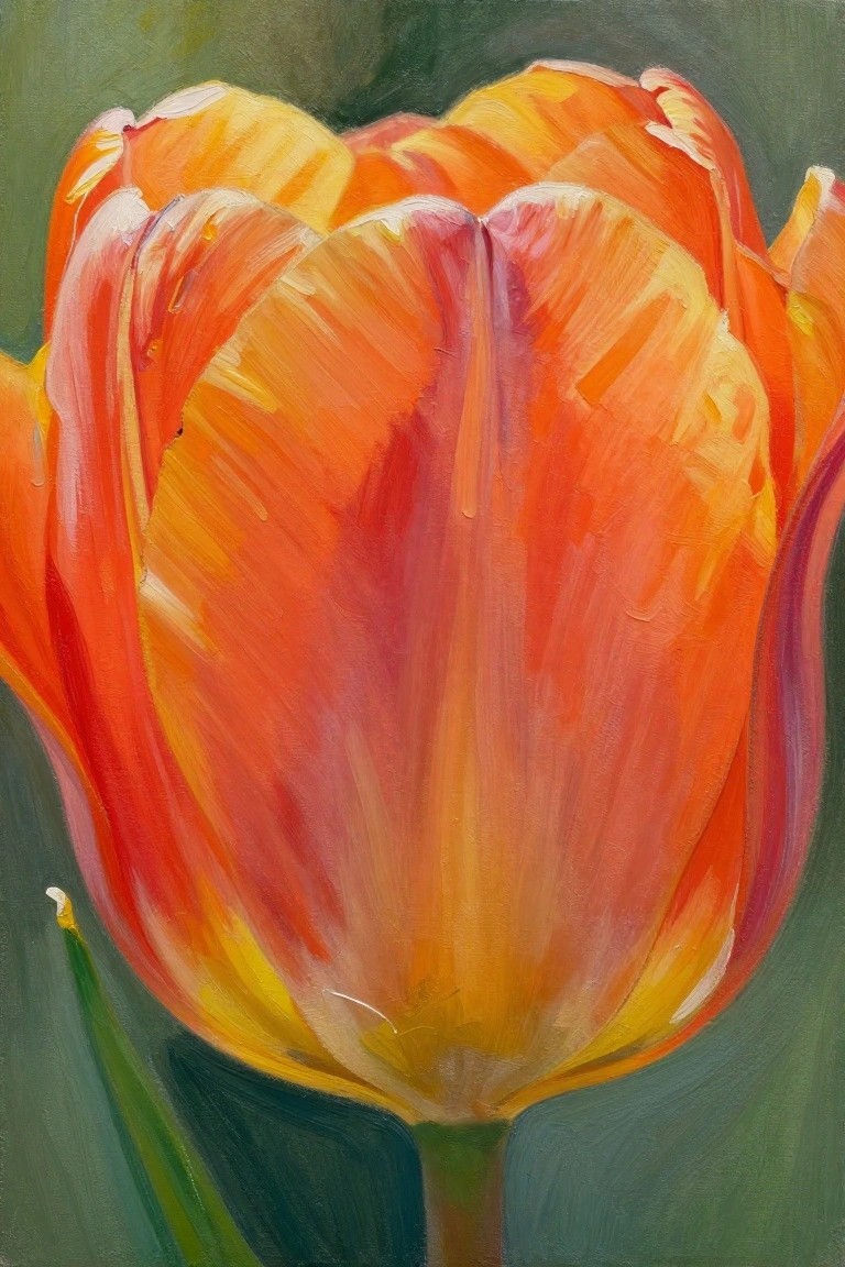 Vibrant close-up oil painting of an orange tulip with yellow-red petals and green stem