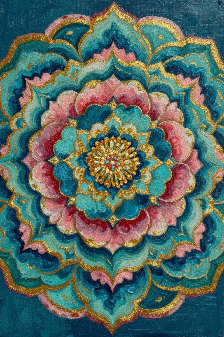 Ornate mandala with layered teal, pink, and gold floral petals on dark blue.