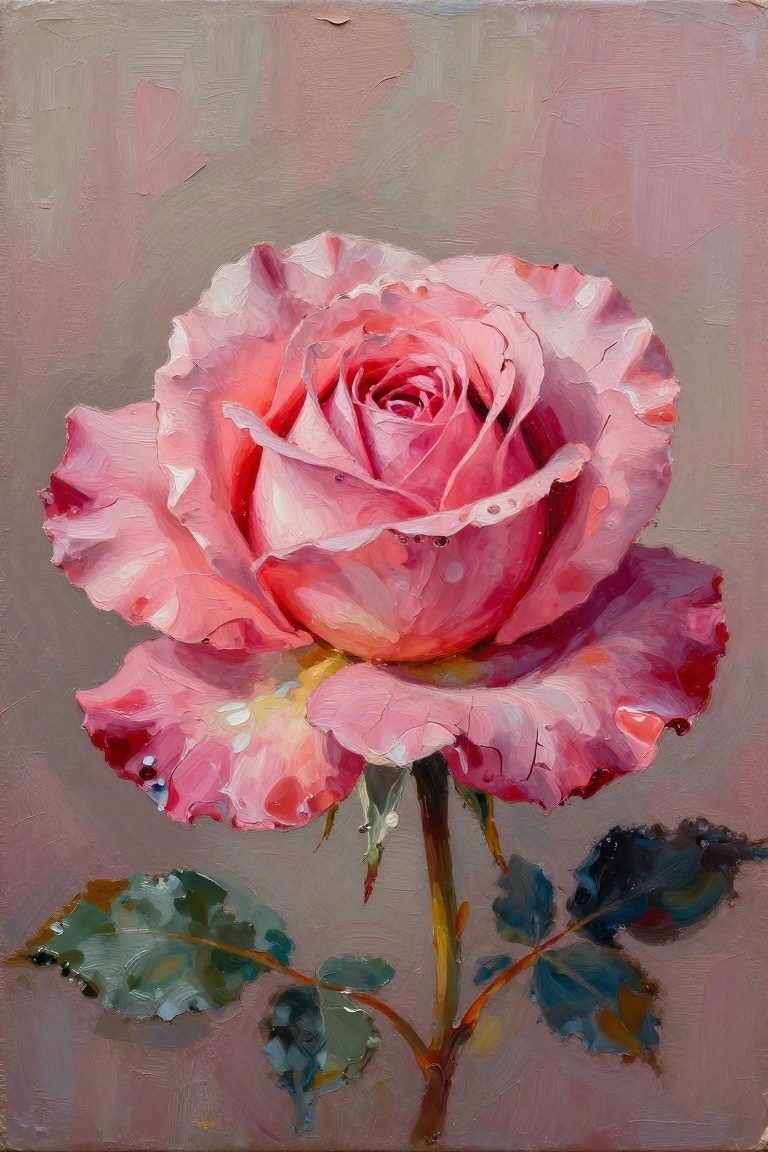 A close-up painting of a pink rose with water droplets on its petals and leaves against a muted background.