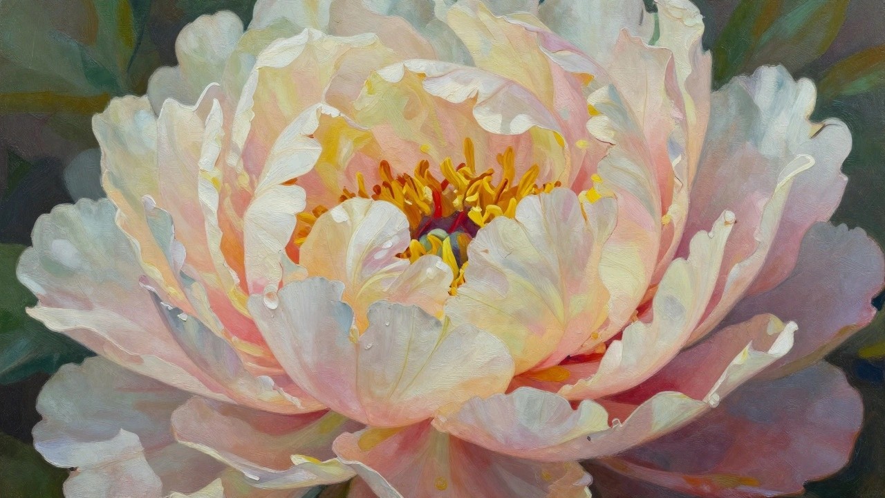 A close-up acrylic painting of a large peony with layered white, pink, and yellow petals, an orange center, and small water droplets against a green background.