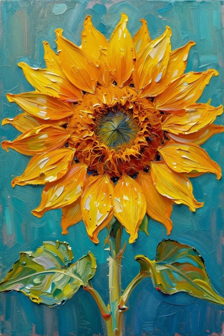 A close-up acrylic painting of a bright yellow sunflower with thick textured petals and a blue-green background, with leaves visible at the base.