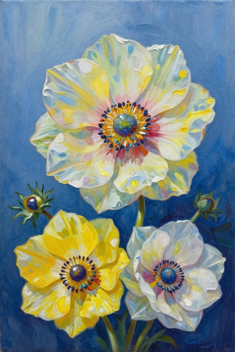 Oil painting of large yellow and white flowers with blue centers on blue background