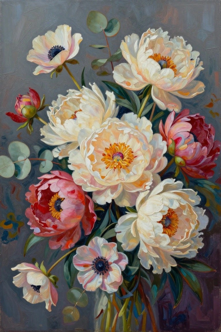 Oil painting of white peonies, pink anemones, and green leaves on gray background
