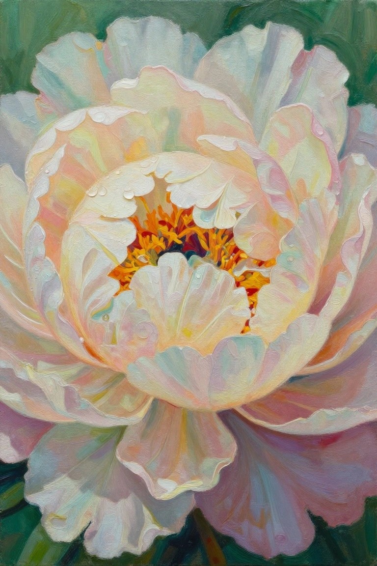 A close-up acrylic painting of a large peony with layered white, pink, and yellow petals, an orange center, and small water droplets against a green background.