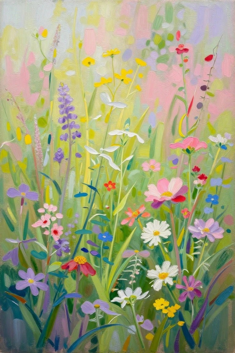 Vibrant wildflower meadow with colorful daisies, cosmos, lavender, and green stems