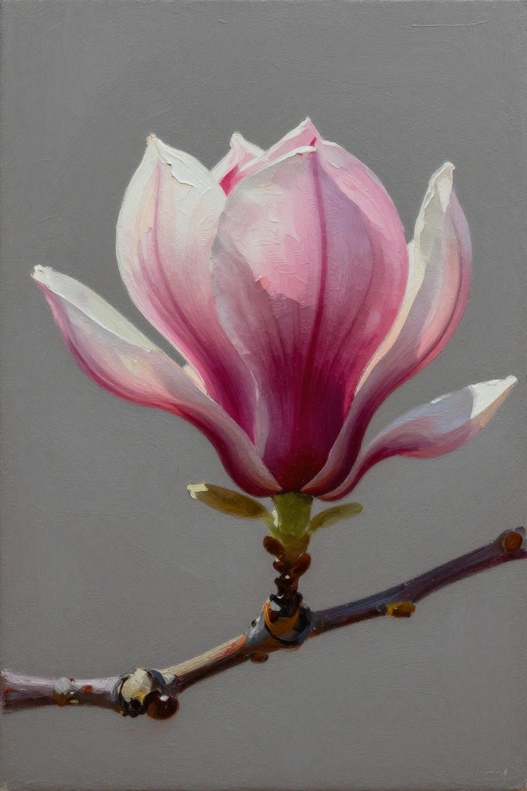 Pink and white magnolia blossom on a branch against gray background