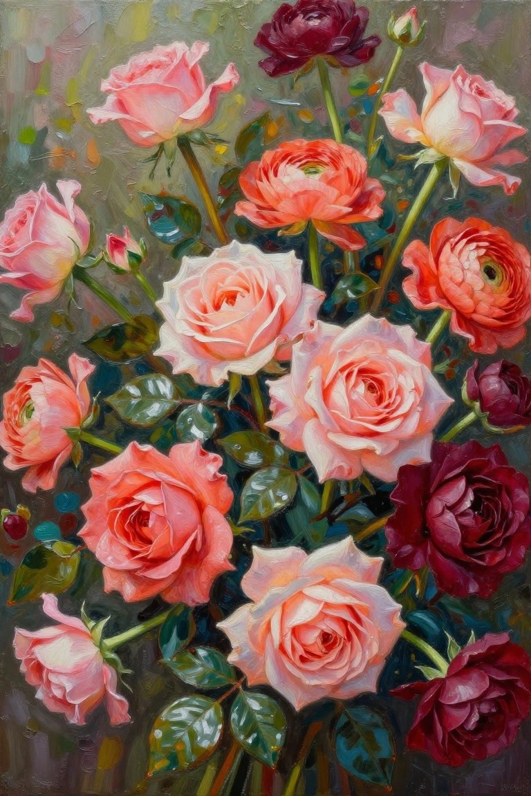Lush bouquet of pink, coral, and burgundy roses with green leaves in oil painting.