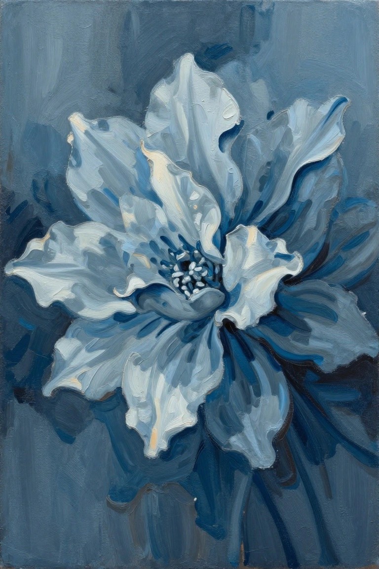 Oil painting of large blue and white flower with layered petals.