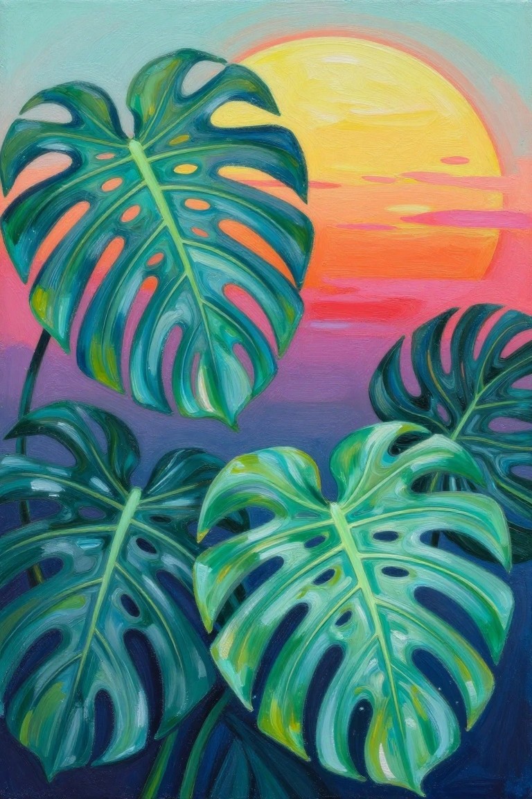 Large monstera leaves against a vibrant sunset with yellow sun and pink sky.