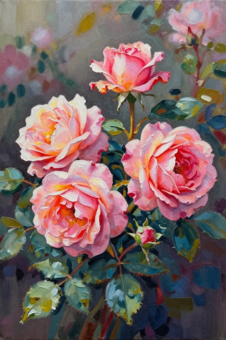 Blooming pink roses with green leaves in vibrant oil painting style