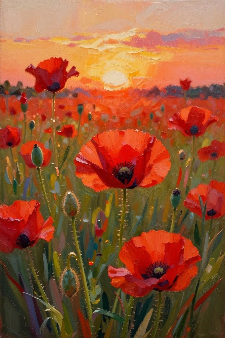 Vivid red poppies bloom in a green field under an orange sunset sky.