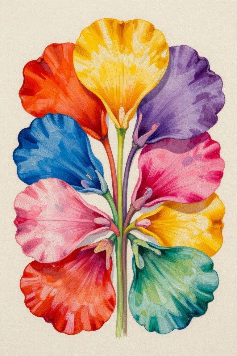 Vibrant rainbow scalloped petals on a green stem, watercolor illustration