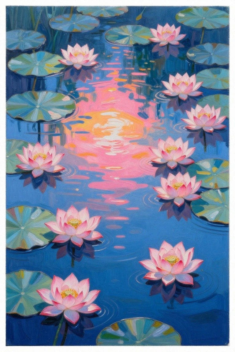 Blooming pink lotus flowers on blue water with green lily pads and sunset reflections