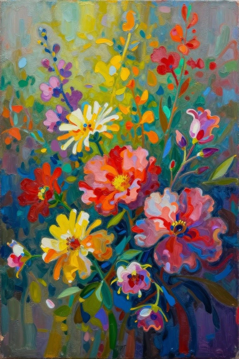 Vibrant impressionist painting of multicolored red pink yellow purple flowers in bouquet