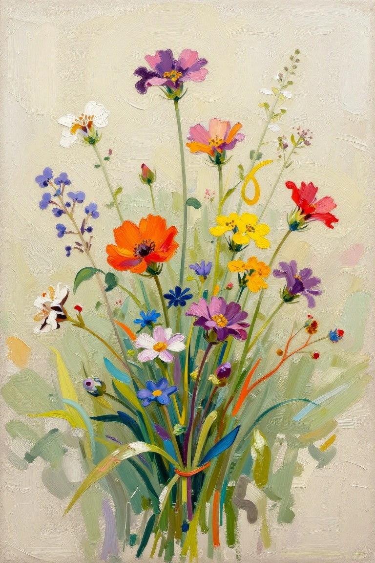 Vibrant oil painting of colorful wildflower bouquet with orange, purple, and yellow blooms