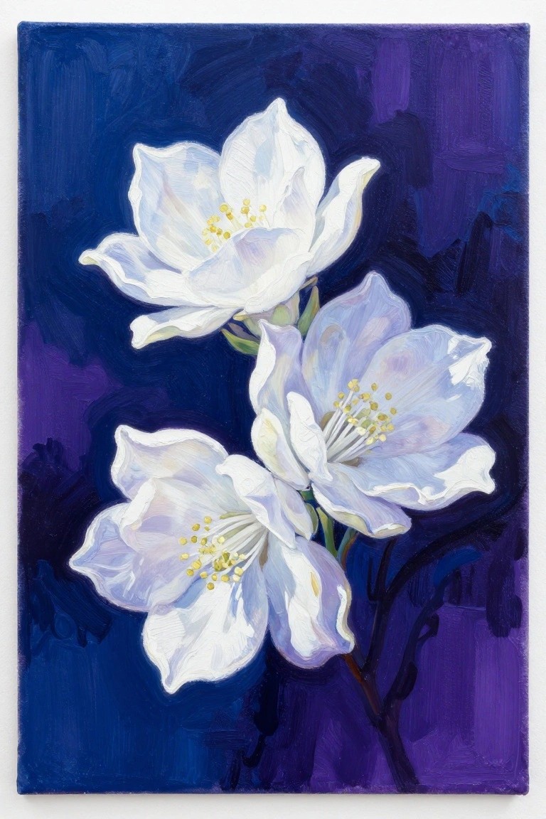 Three white flowers with yellow centers on dark stems against blue-purple background