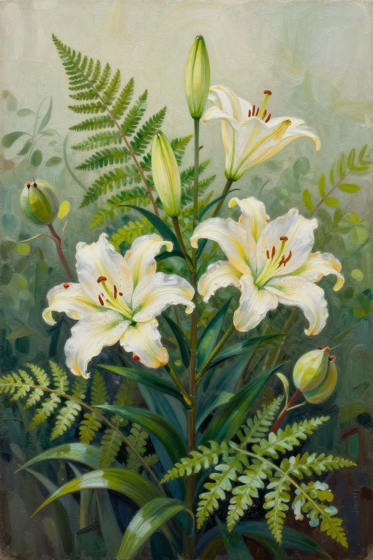A painting of several white lilies with green ferns and buds on stems.