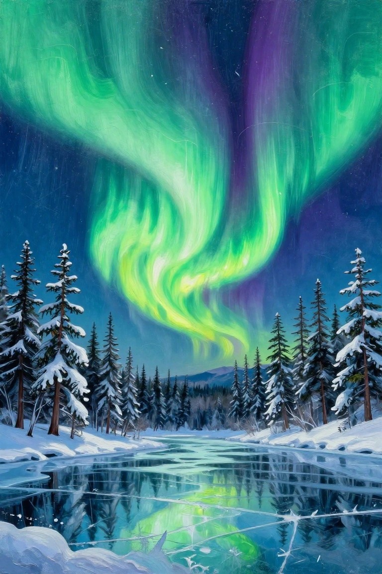 A painting of green and purple northern lights over a snowy pine forest with a frozen river in the foreground reflecting the sky.