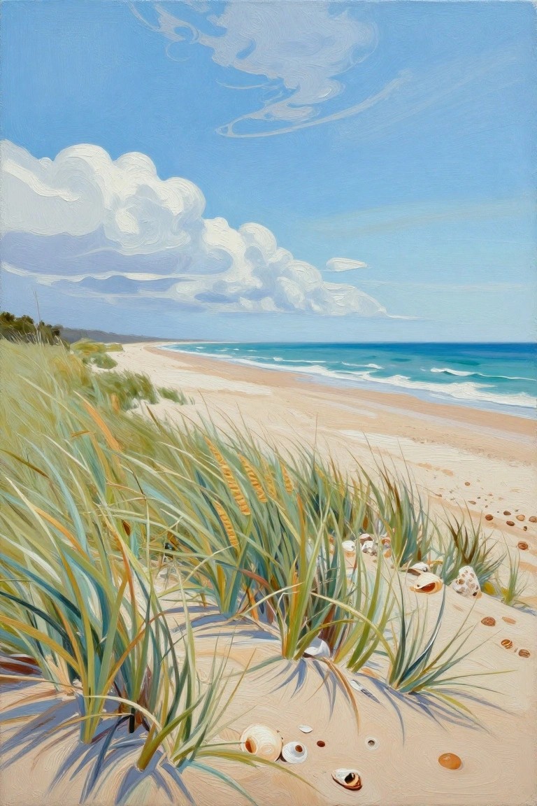 A painting of a sandy beach with tall grasses and seashells in the foreground, a curving shoreline, and blue ocean under a cloudy sky.