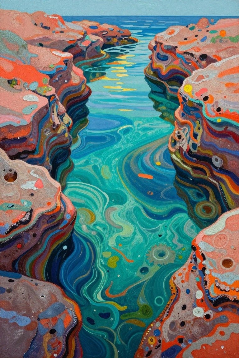 A painting of a narrow turquoise channel of water flowing between two tall cliffs covered in layered, swirling patterns of red, orange, blue, and green.