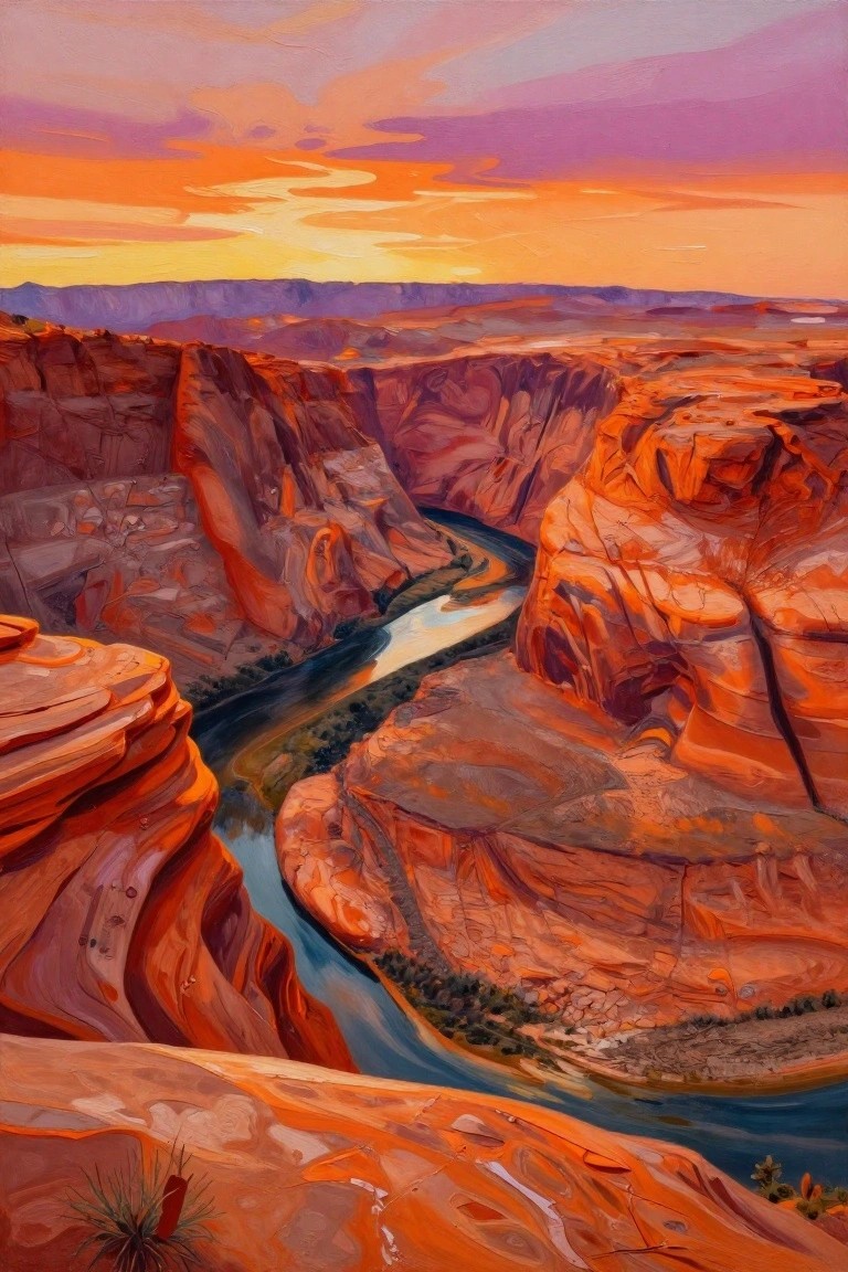 A painting of a deep red rock canyon with a winding river under a bright orange and purple sunset sky.