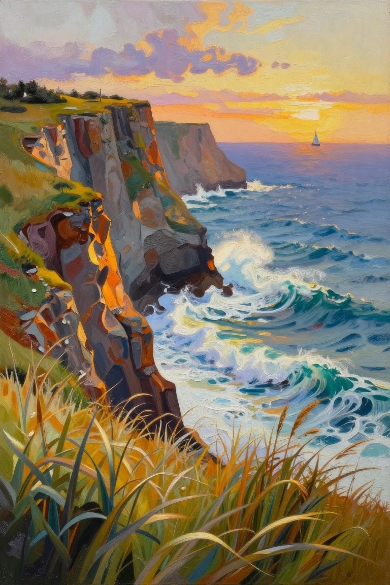 Vibrant painting of cliffs at sunset with turquoise waves, sailboat on horizon, golden grass