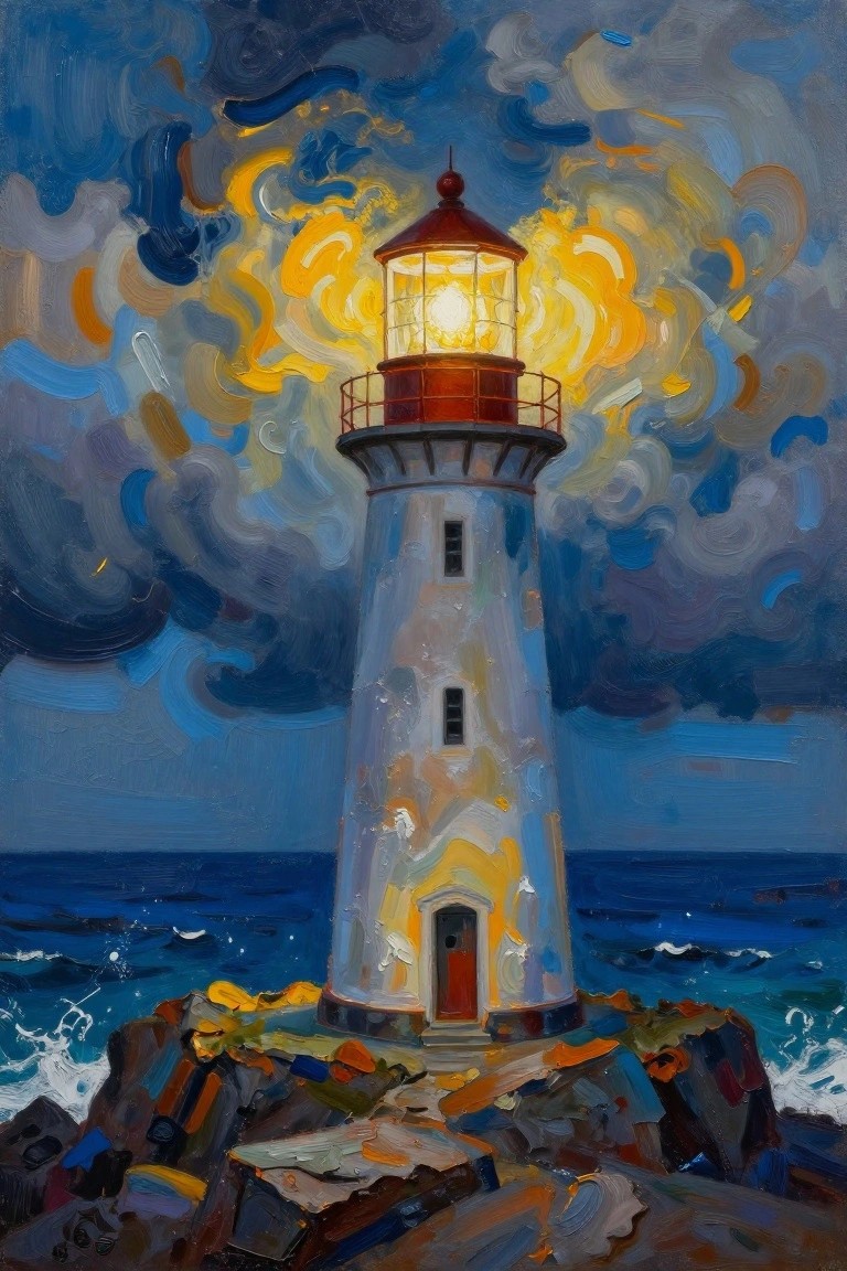 Glowing lighthouse on rocky cliffs under dramatic swirling blue and yellow clouds