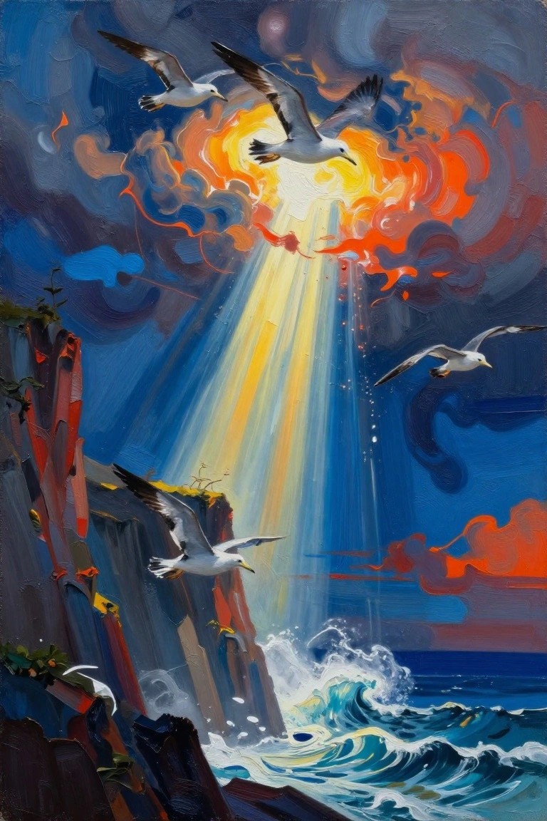 Seagulls soaring over cliffs and crashing waves beneath a fiery glowing sky