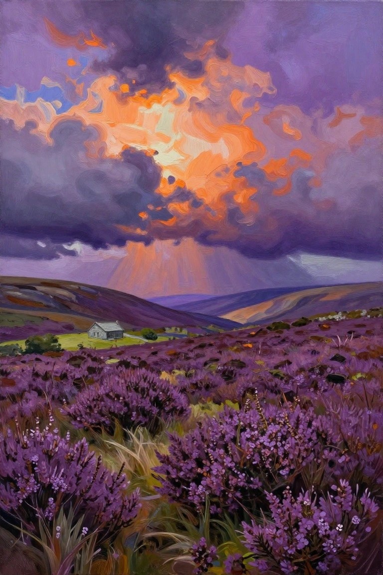 Dramatic oil painting of purple heather hills, cottage, and fiery orange-purple sky