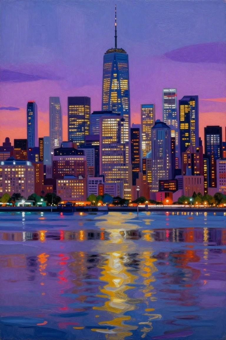 Twilight painting of glowing NYC skyline reflected in rippling purple water