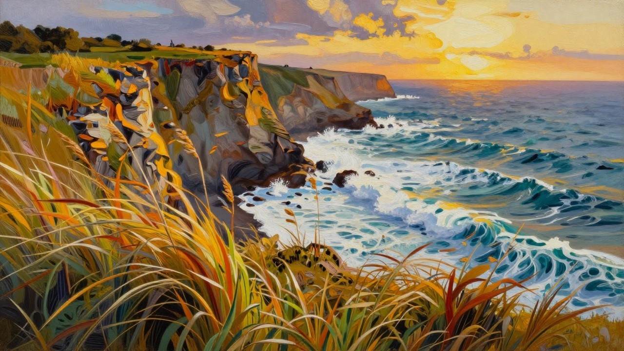 Vibrant painting of cliffs at sunset with turquoise waves, sailboat on horizon, golden grass