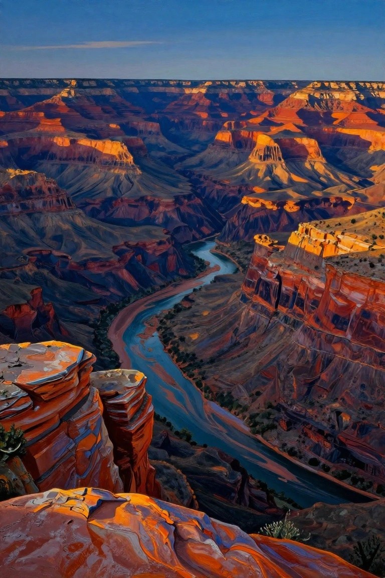 Sunlit Grand Canyon painting with winding river amid layered red-orange cliffs at sunset.