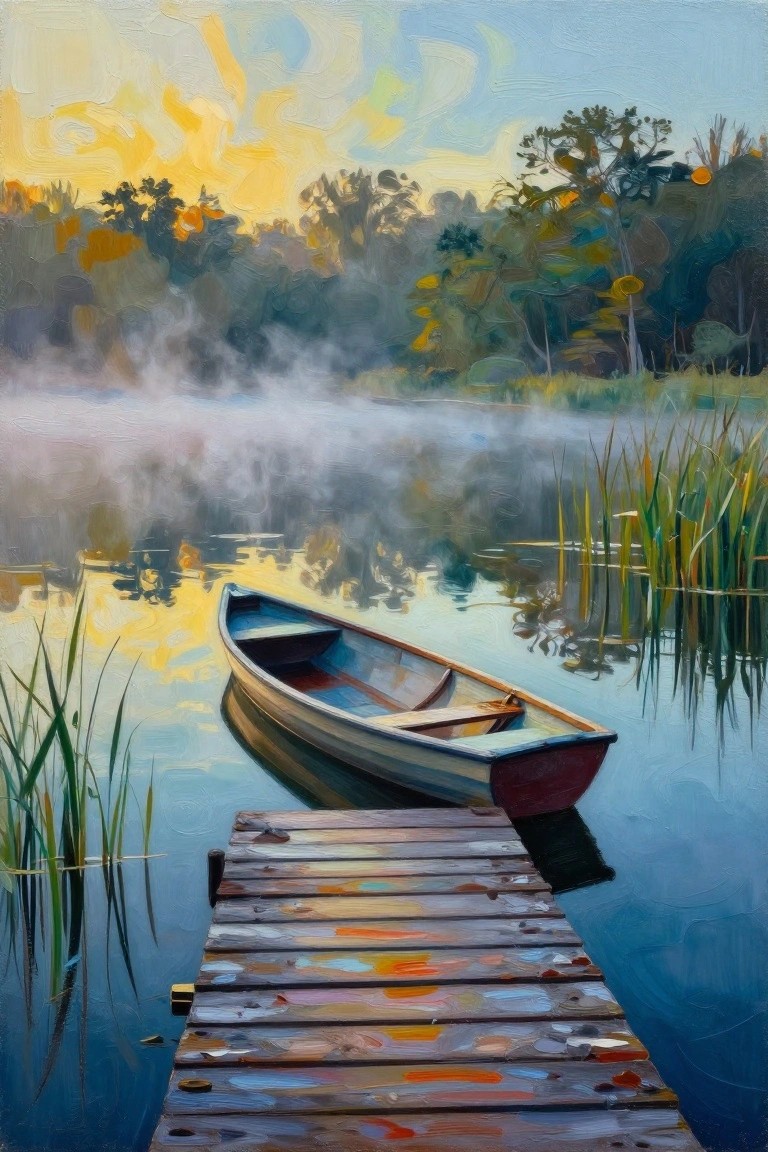 Wooden dock with rowboat on misty lake amid reeds and colorful trees