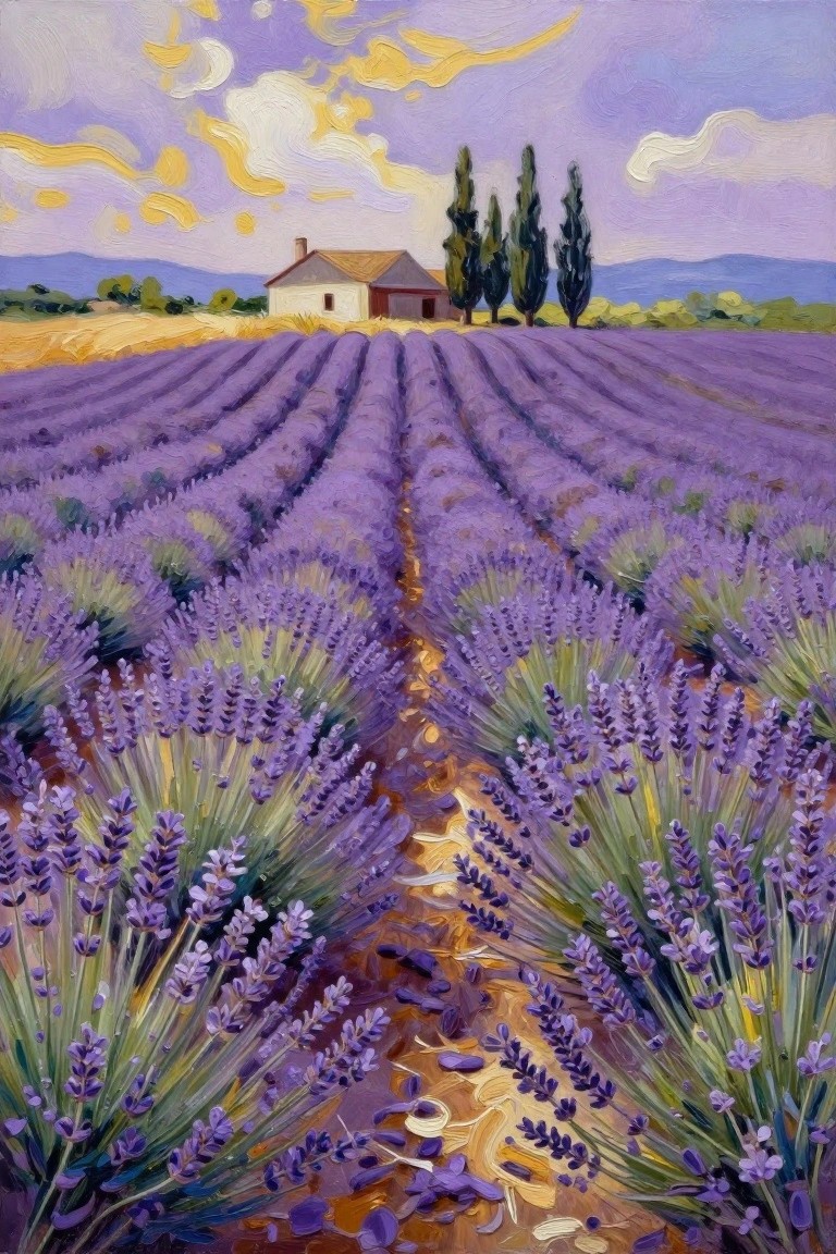 A painting of lavender rows with a path leading to a house and trees under a purple and yellow sky.