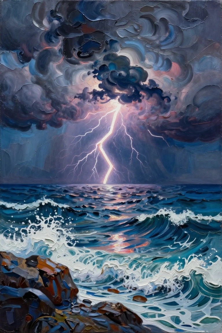 Lightning strikes over turbulent blue waves crashing on rocky shore under stormy clouds.