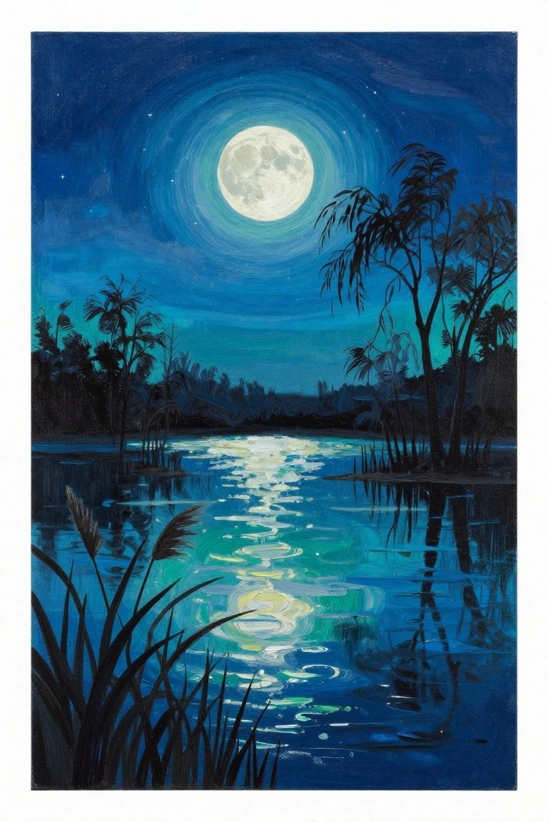 Full moon glowing above reflective lake with silhouetted palms and reeds under starry sky