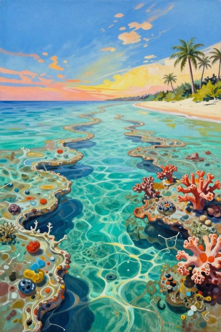 Vibrant coral reefs in turquoise waters beside a palm-fringed tropical beach at sunset