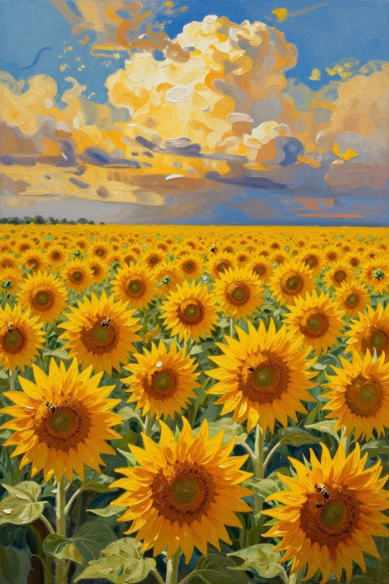 Vast field of yellow sunflowers with bees under a dramatic blue sky with clouds