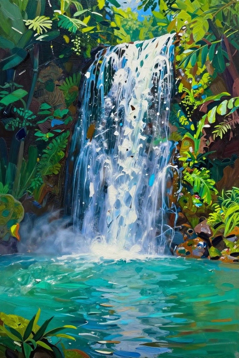 Vibrant painting of cascading waterfall into turquoise pool amid lush jungle foliage.